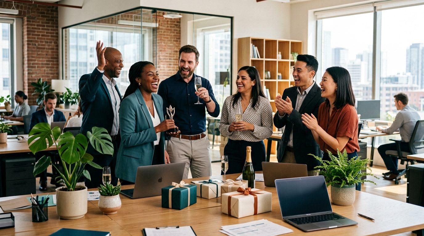 Corporate team celebrating with gifts